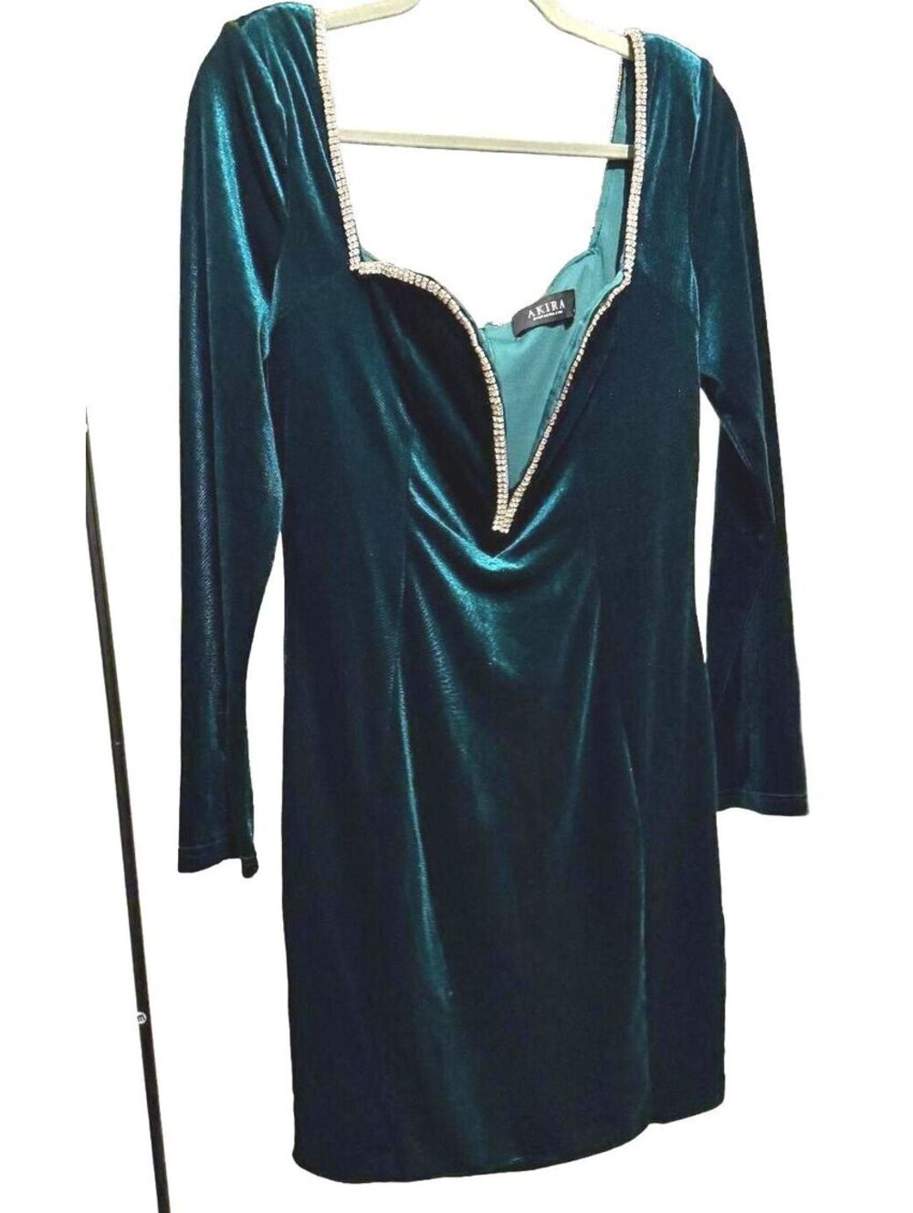 Velvet Long Sleeve Mini Dress with Rhinestone Trim